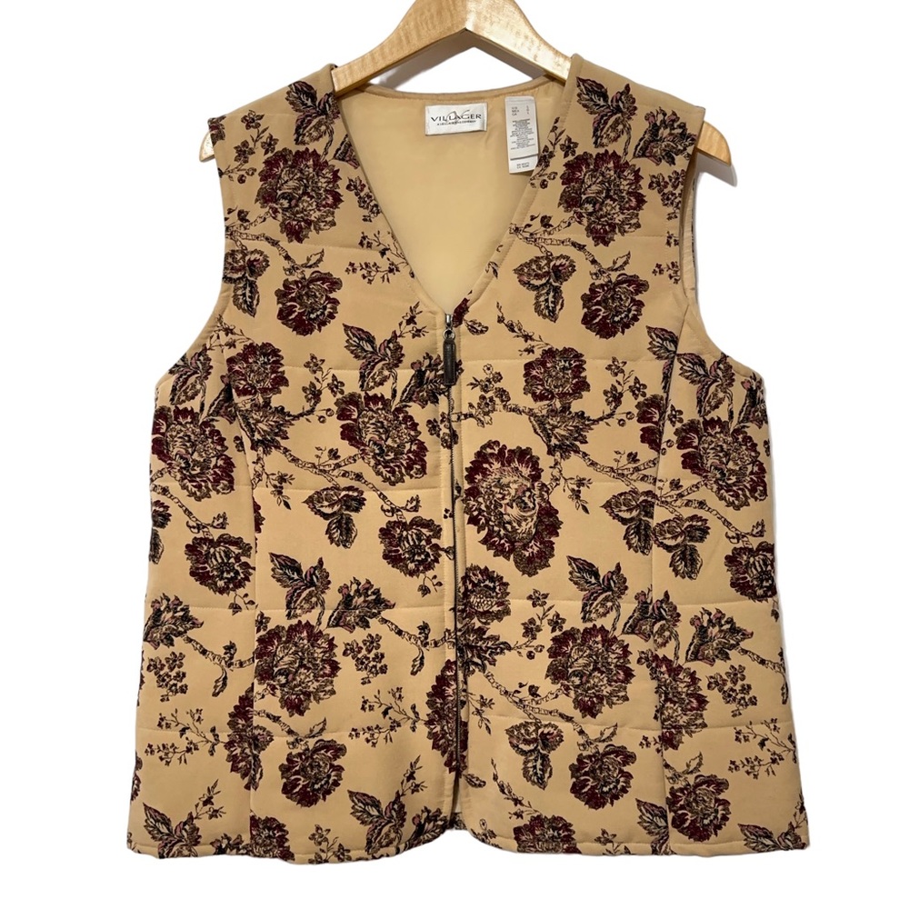 Villager Womens Floral Quilted Zip Front Autumn Vest